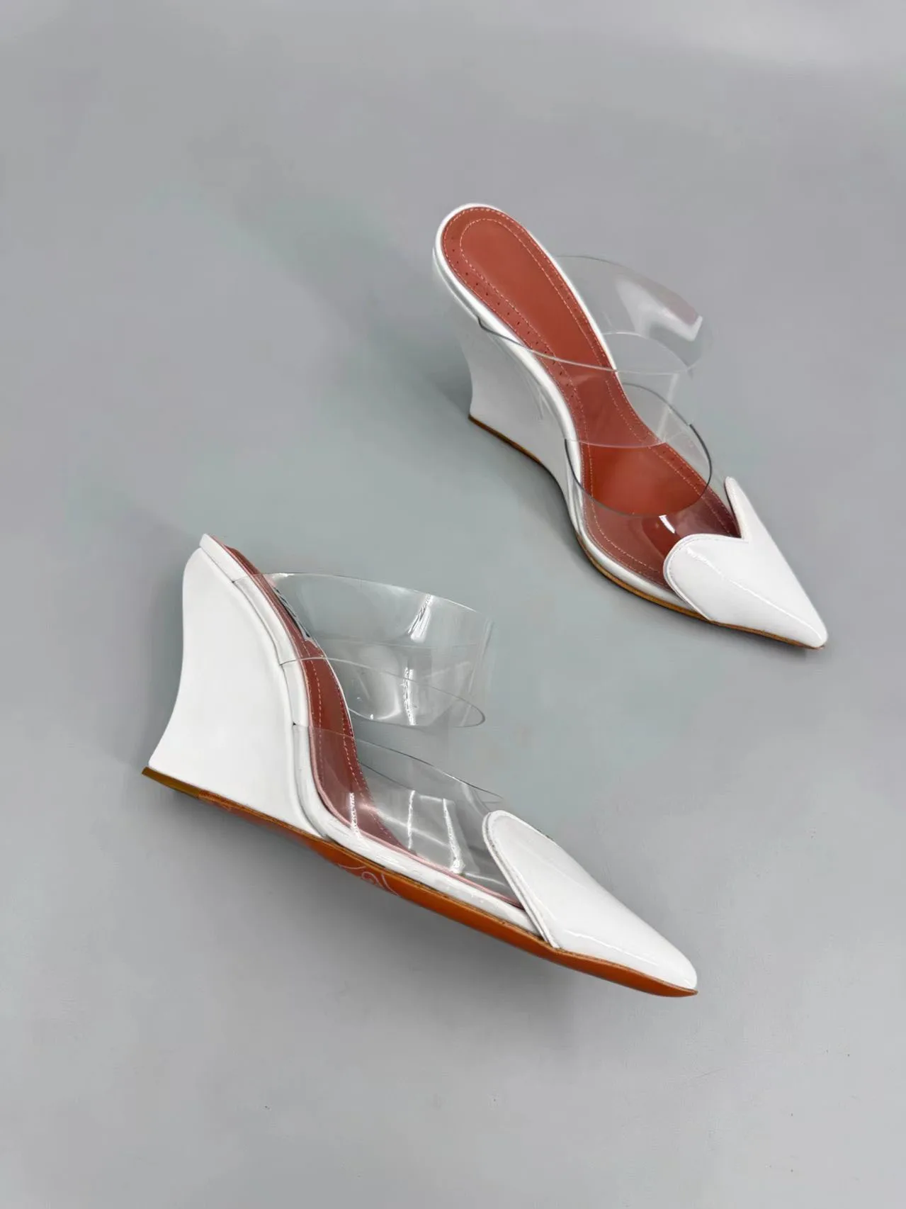 

Women Wedge Mules Patent Leather Heart-shaped Toe Clear Pvc Straps Shoes
