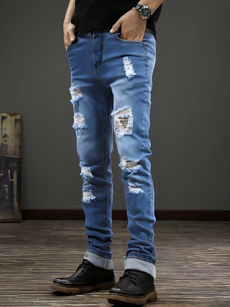 

High Street Trendy Brand American Style Stretchy Slim Fit High Waist Denim Jeans with Rips Trendy Casual High Waist Jeans