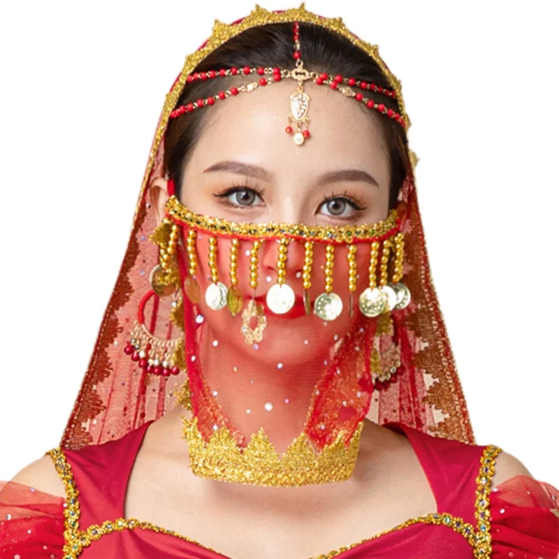 Women Belly Dance Tribal Face Veil Halloween Costume Accessory Beaded Masquerade Mask India Dance Outfit Sexy Arabic Princess