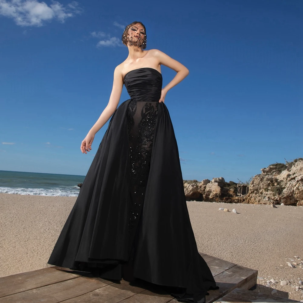

Elegant Black Satin Evening Gown with Sequin Appliques Simple Strapless Ruffles Taffeta Prom Party Dress Lace Pageant Dress