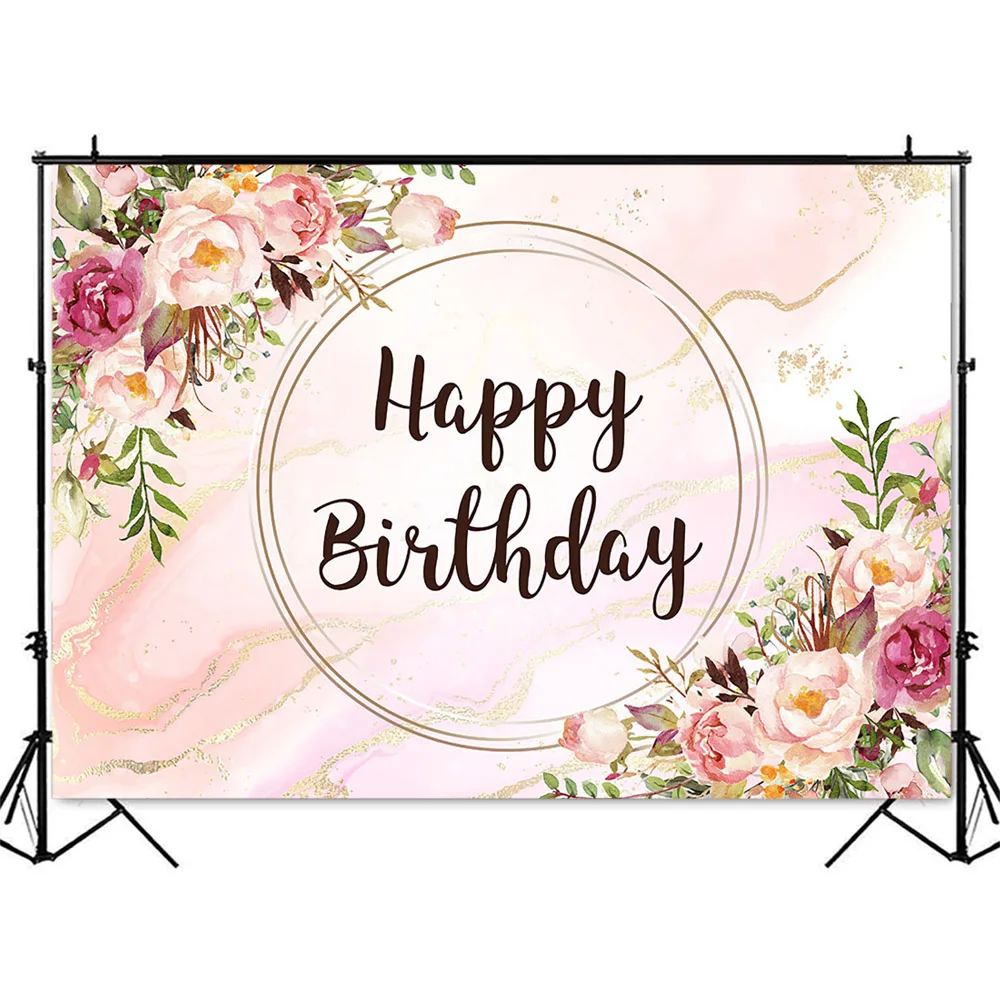 Happy Birthday Pink Flowers Photo Background Marble Texture Customize DIY Photo Booth Backdrop Floral Birthday Decoration Banner