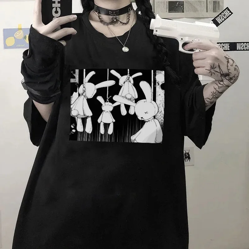 Harajuku Y2k Goth Anime Rabbit Print T-shirts Women Graphic Oversized Tee Shirt Female Streetwear HipHop Vintage Clothes Tops