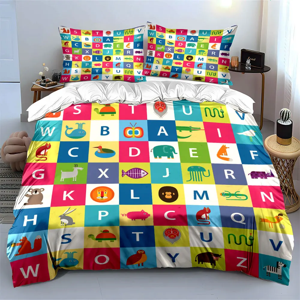 Animal and Letter Grid Print Soft Comfortable Duvet Cover Bedding Set Included 1*Duvet Cover 2*Pillowcases for kids gifts