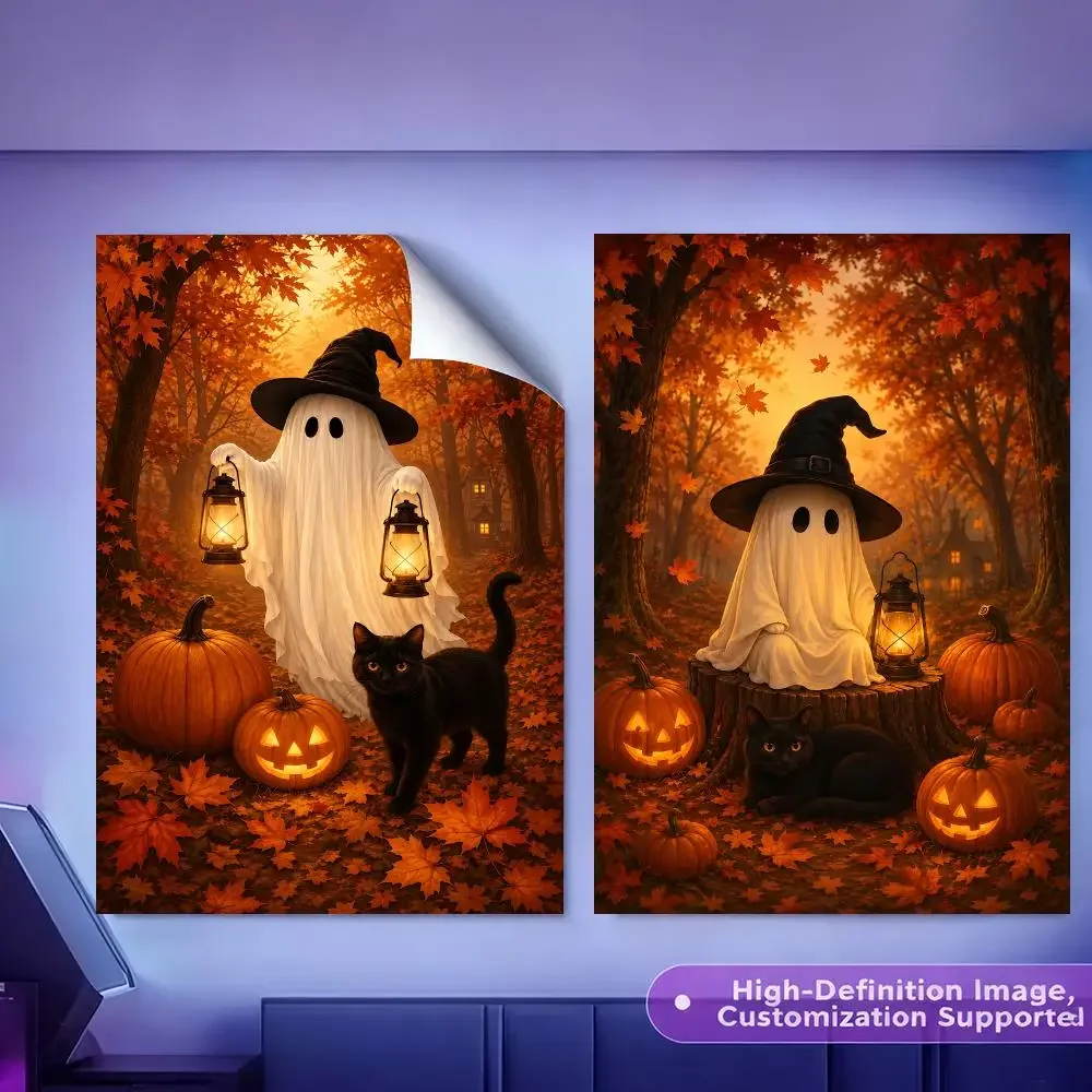 Witch Hat Ghost Black Cat Halloween Painting Calligraphy HD Canvas Poster Crease Free Waterproof All Space Wall Decor