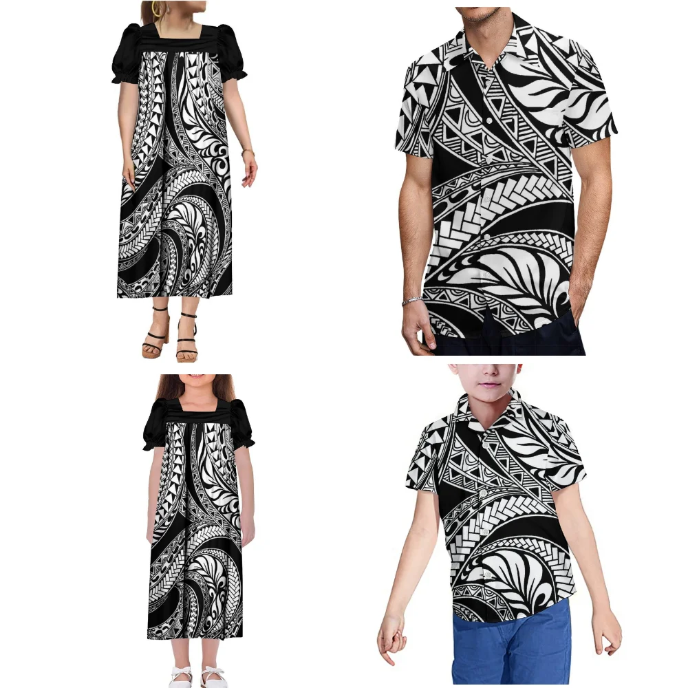 Microsia Summer Short-Sleeved 4-Piece Polynesian Family Party Dress Custom Mumu Square Collar Dress With Tribal Pattern