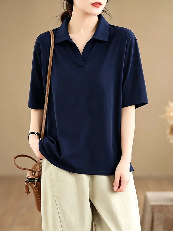 

Summer 2026 Casual Loose Short Sleeve Shirt Pure Color Turn-down Collar Big Size Belly Covering Top Women's Fashion