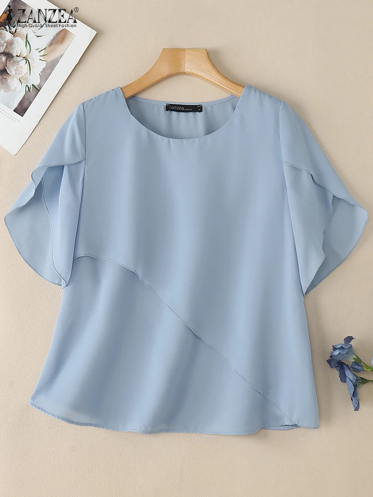 

2025 ZANZEA Elegant Short Sleeve Office Shirt Women Summer Work OL Blouses Stylish Holiday Blusas Female O Neck Solid Thin Tops