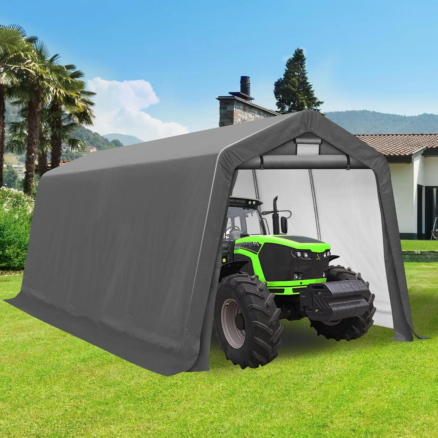 7x12 Ft Waterproof Portable Outdoor Storage Shelter for Motorcycle, Bike, Tools - Roll - up Zipper Door, Ventilated Windows