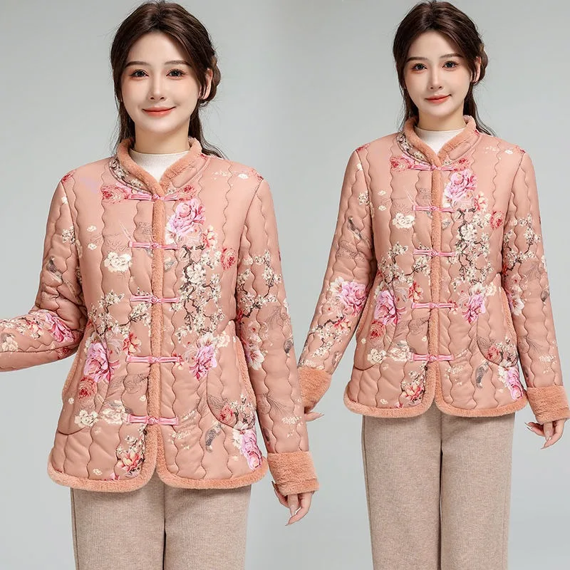 

Vintage Tang Suit Jacket for Women, Slim Printed Cotton-Padded Coat, Mother Warm Tops Autumn Winter New Round Neck Women's Coat