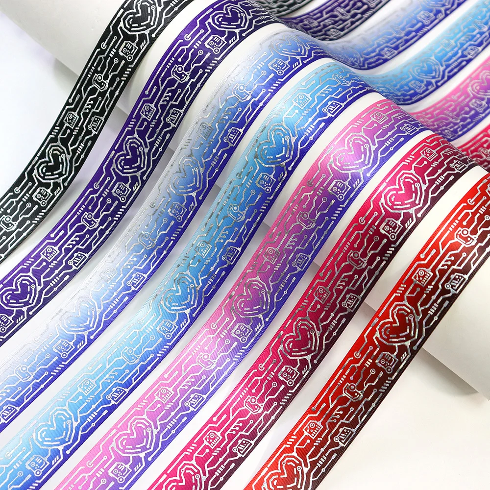 25mm Silver Foil Circuit Board Satin Ribbon Cyberpunk Heart Robot Gradient for DIY Hair Bows Gift Wrapping Craft Decoration