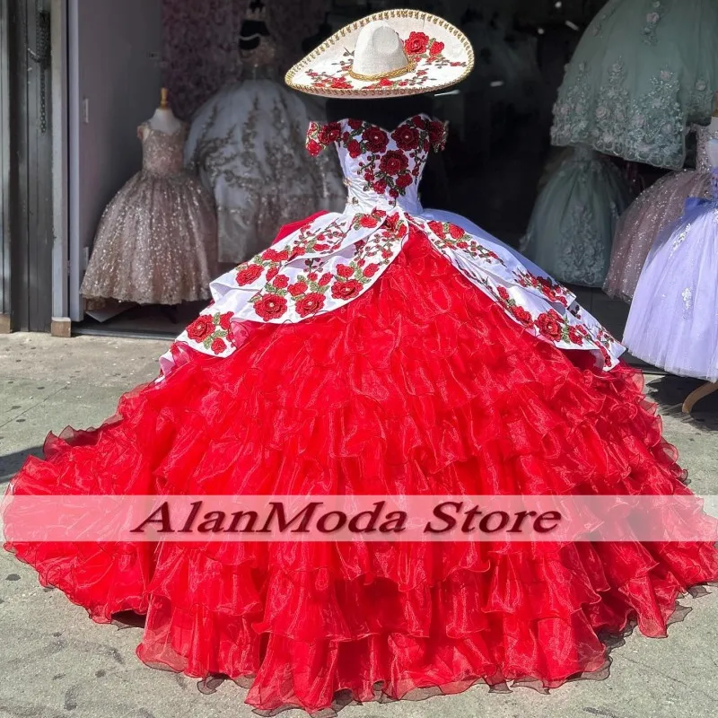 

Бальное платье Charro Quinceanera с бело-красными оборками, бальное платье на день рождения, платье на шнуровке с аппликацией, Vestidos De XV