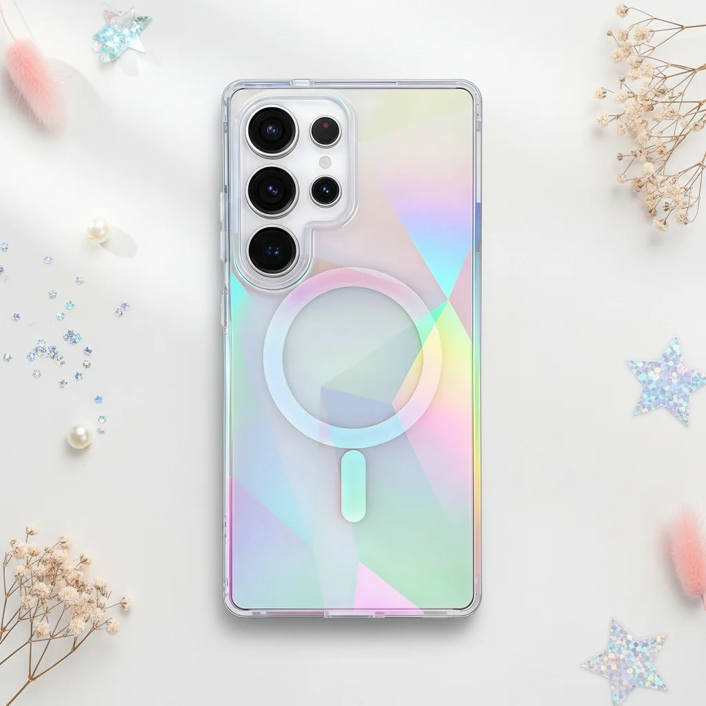 Gradient Rainbow Laser Magnetic Phone Case For Samsung Galaxy S25Ultra, S26Plus, S24FE Colorful Wireless Charging Hard Cover.