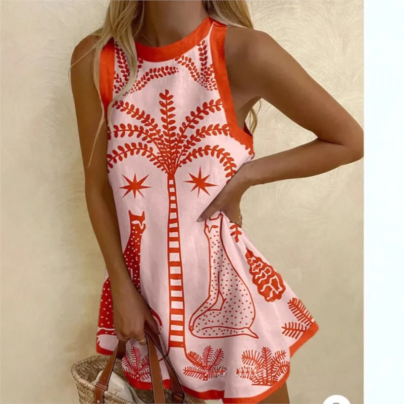 

Summer Beach Vacation Party Dresses Women Fashion Print O Neck Sleeveless Mini Dress Y2k Sweet Girls Sundress