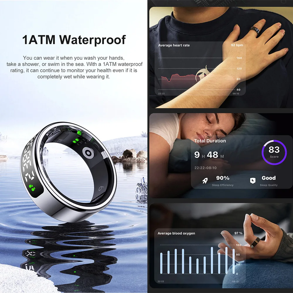 R11C Smart Display Screen Smart Ring 1ATM Waterproof Stainless Steel Intelligent Touch Heart Rate Blood Oxygen Stress Monitor