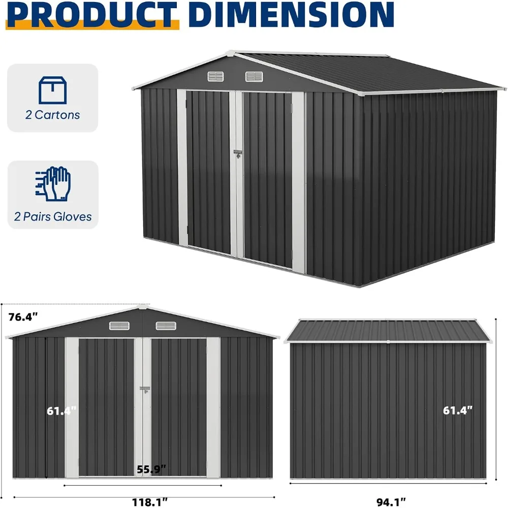 UDPATIO 10x8 ft Outdoor Storage Shed Metal Garden Shed for Backyard Grey