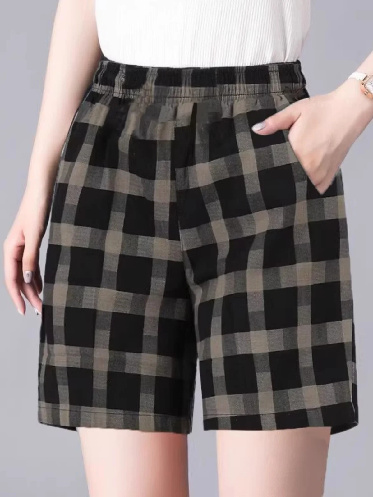 

Новые женские летние тонкие свободные дышащие шорты из хлопка в клетку с широкими штанинами для повседневной носки на улице