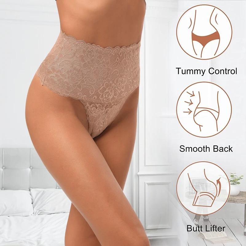 Women Butt Lifter Shapewear Lace T-back High Waist Tummy Control Panties Smooth Waist Trainer Body Shaper Seamless Underwear