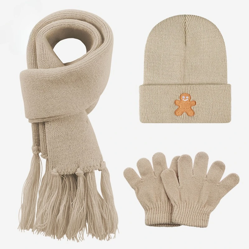 Soft Knitted 3Pcs Toddler Hat Scarf Gloves Set 1‑3Y, Lovely Gingerbread Man Embroidery Warm Winter Accessories for Xmas Gatherin - view 3