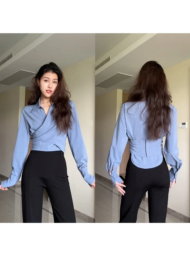 

Zhang a Xing Mist Blue Island Slim Fit irt Korean Sle Commute Cross Waist Design Long Sve Collar Pure Color Women...