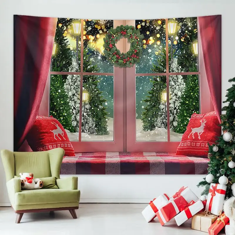 VIKAMA Red Curtain Snow Scene Christmas Tapestry, Elegant Wall Hanging Background Cloth for Dramatic Living Room Decor