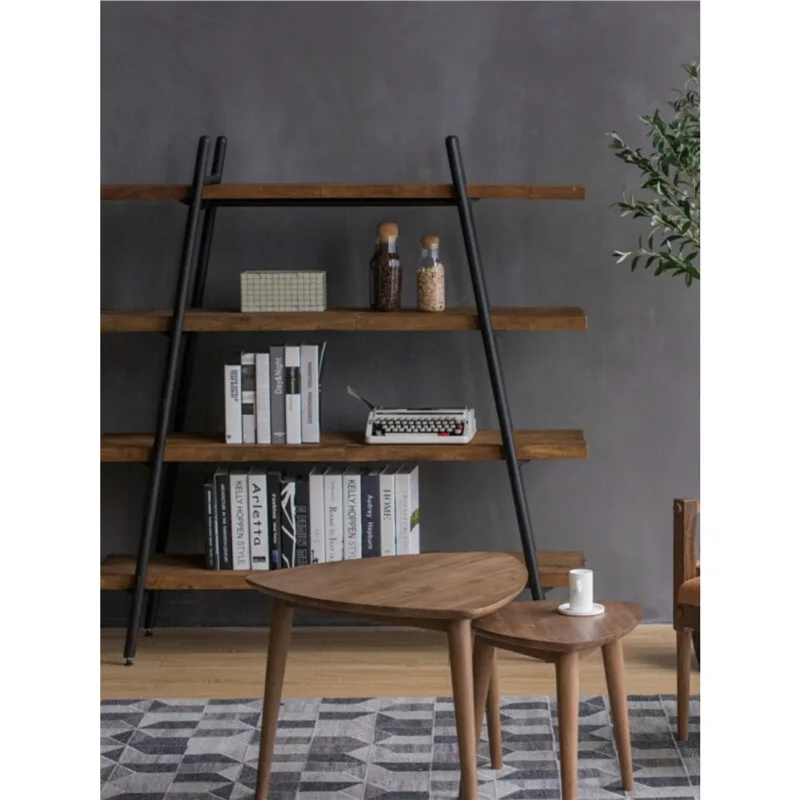 Log bookshelf Wrought iron shelf Floor to ceiling against the wall Simple solid wood living room
