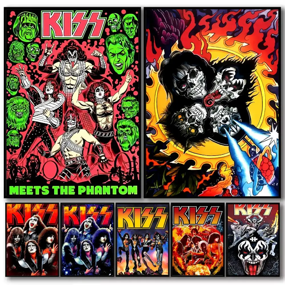 روك K_Kiss الفرقة اللوحة الخط قماش الكتان ملصق جدار يطبع لغرفة المعيشة غرفة نوم مكتب ديكور المنزل #1