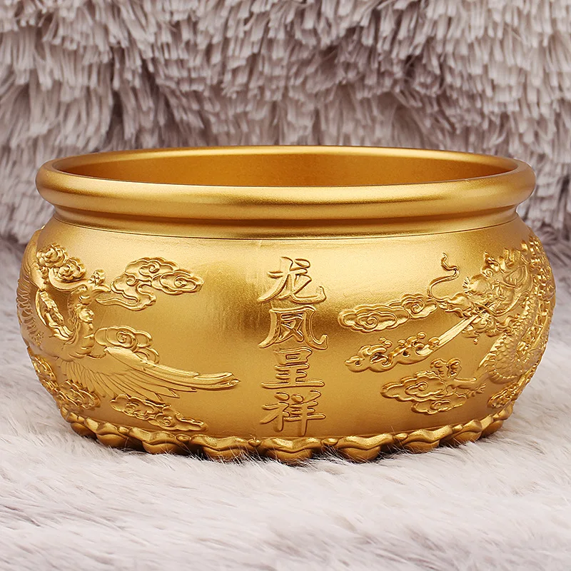 

Brass Dragon and Phoenix Auspicious Fortune Basin Home Store Decoration Thickened Wealth-Attracting Rice Jar Metal Craft Desktop