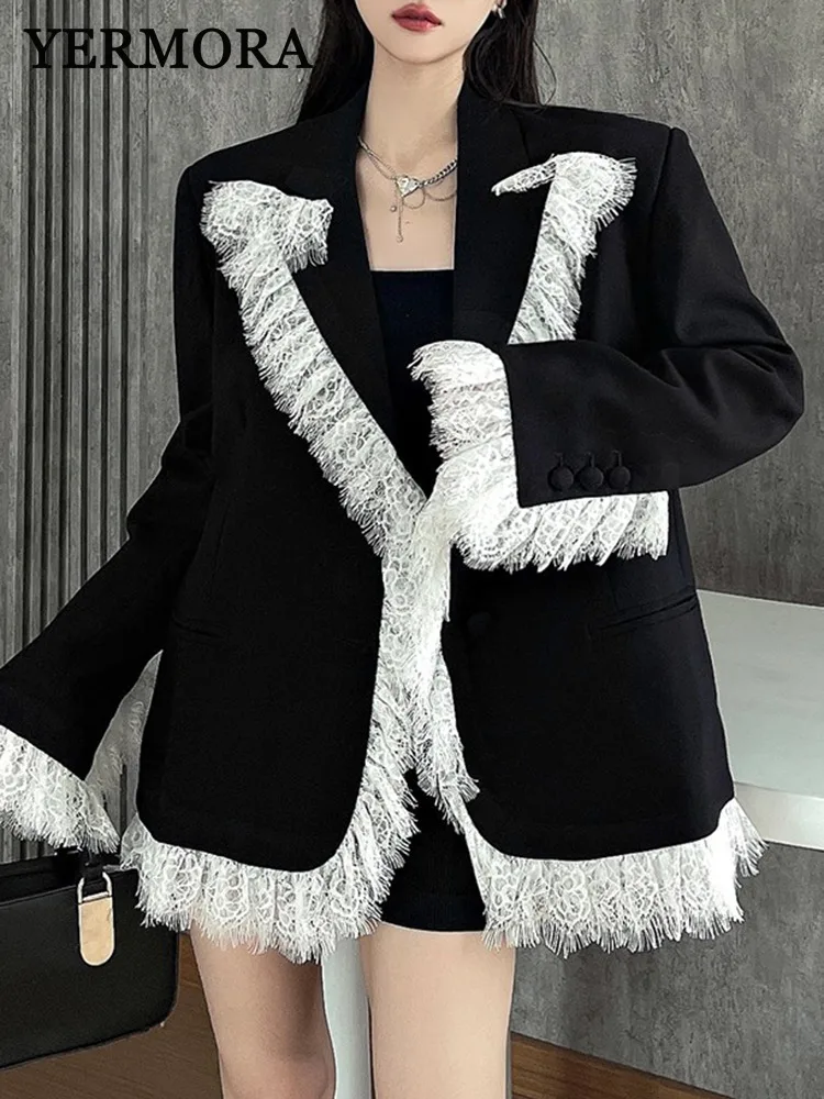 YERMORA Black Spliced Lace Tassel Casual Blazer For Women Lapel Long Sleeve Loose New Jacket Fashion Tide Spring Autumn 2025