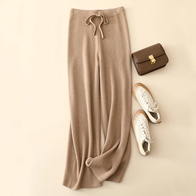 

masigoch europe autumn winter new thick softness high waist 100% cashmere casual wide leg pants