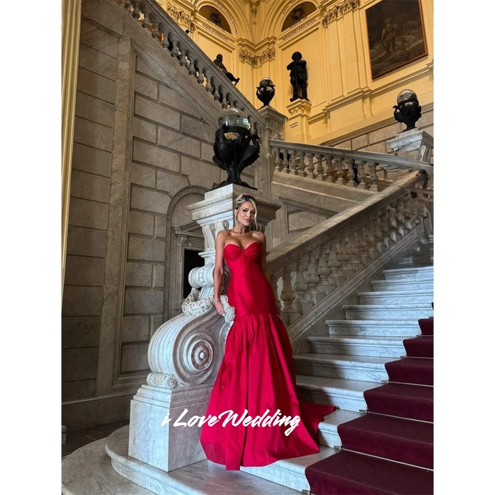 

Red Sweetheart Mermaid Satin Prom Dress Sleeveless Backless Lace-Up فساتين سهرات Floor-Length Sexy Pleated Customized