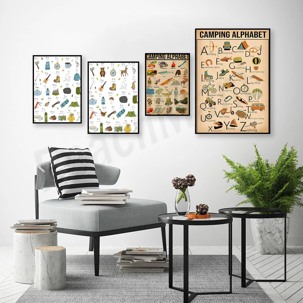 Camping alphabet knowledge prints, campfire posters, campfire knowledge, woodland letters, poster gifts for camping lovers