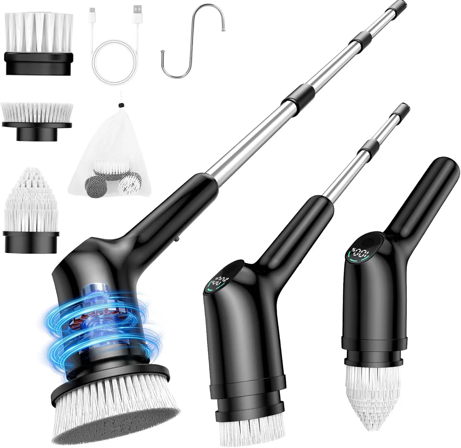 Depurador de ducha eléctrico con mango largo, 2 velocidades, resistente al agua IPX7, 3 cabezales de cepillo, herramienta de limpieza de baño, negro