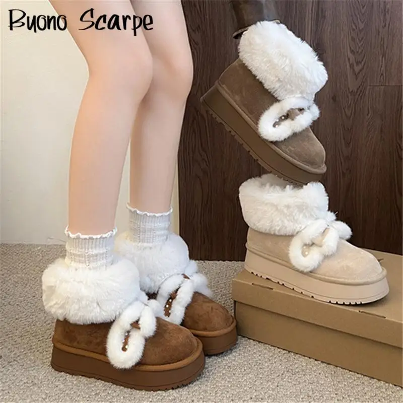 

2025 Western Style Round Toe Suede Leather Thick Sole Platform Women Snow Boots Slip On Solid Color Fashion Winter Casual Shoes