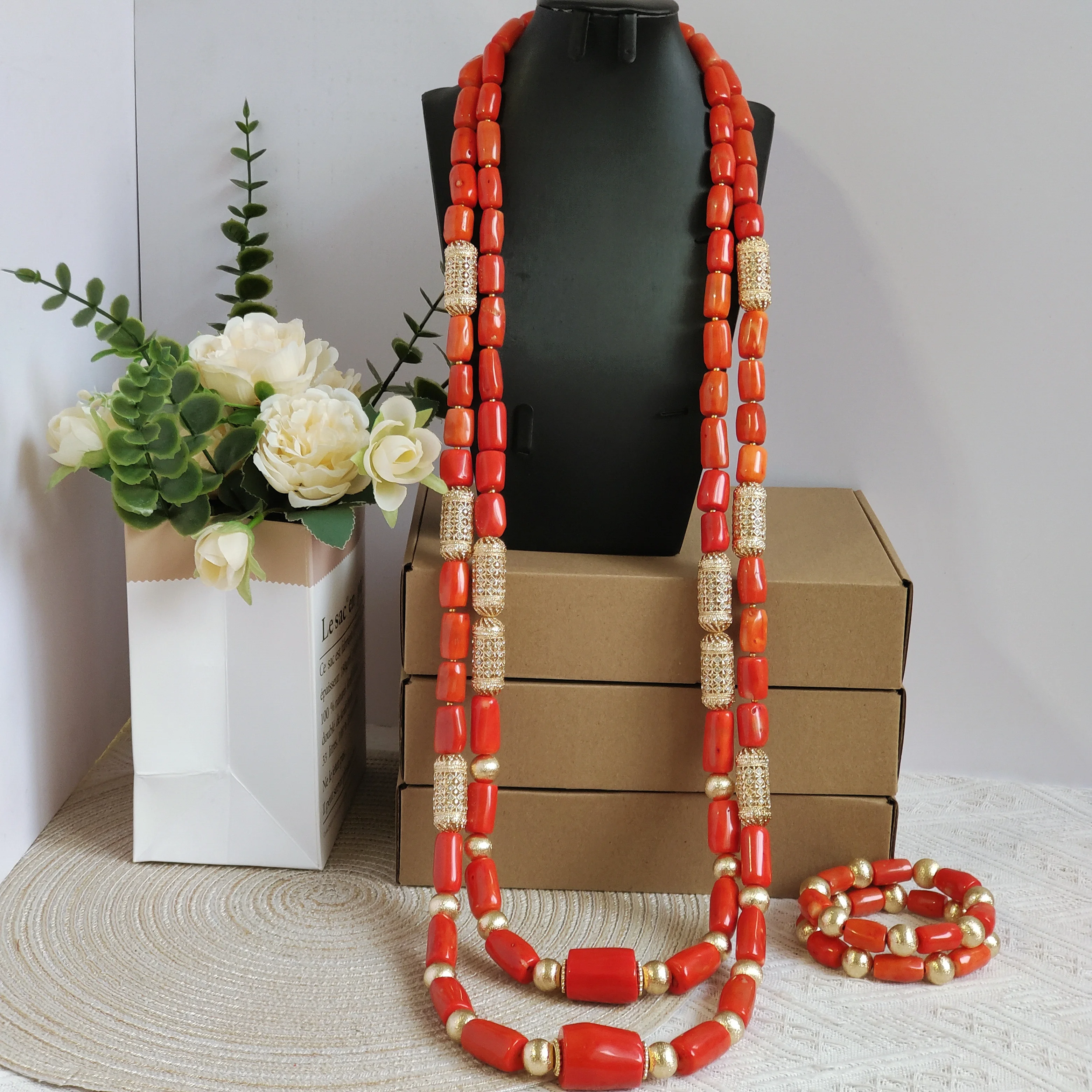 

Laanc nigerian wedding groom necklace real orange coral beads jewelry set for men