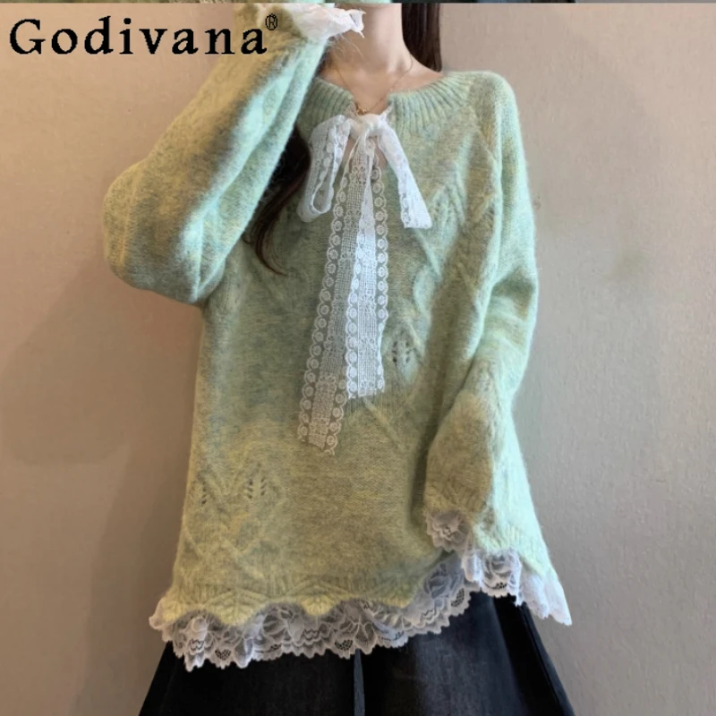 

Women Autumn Winter Large Size Sweet Bow Lace Knitted Top Temperament Korean Loose Age-reducing Temperament Crew Neck Sweater