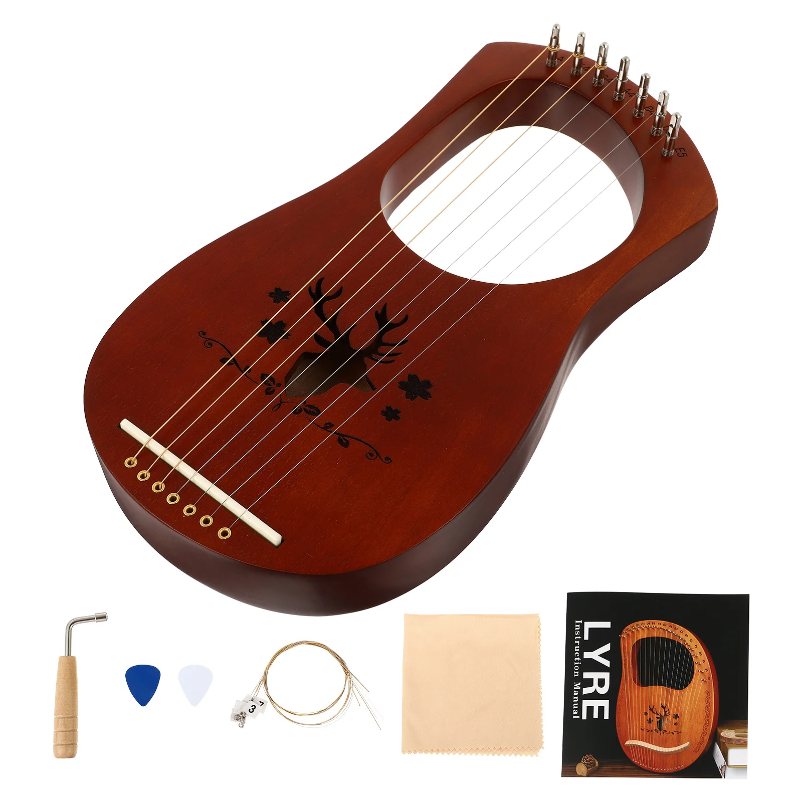 

1Set Ancient Style Lyre Harp 7 String Wood Body Instrument High Class Materials Tuning Rod Wiping Cloth Included