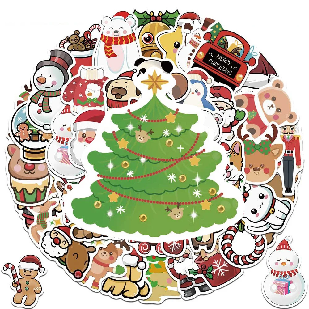 

10/30/50pcs Kawaii Cartoon Christmas Stickers Funny Santa Claus Animal Decals Toy DIY Luggage Guitar Phone Cute PVC Sticker Gift