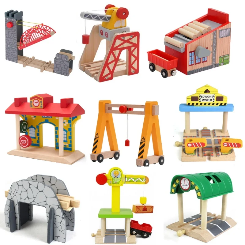 Akcesoria do drewnianych torów kolejowych DIY, drewniane elementy z drewna bukowego, mosty i tunel do torów drewnianych, zabawki edukacyjne, prezenty.