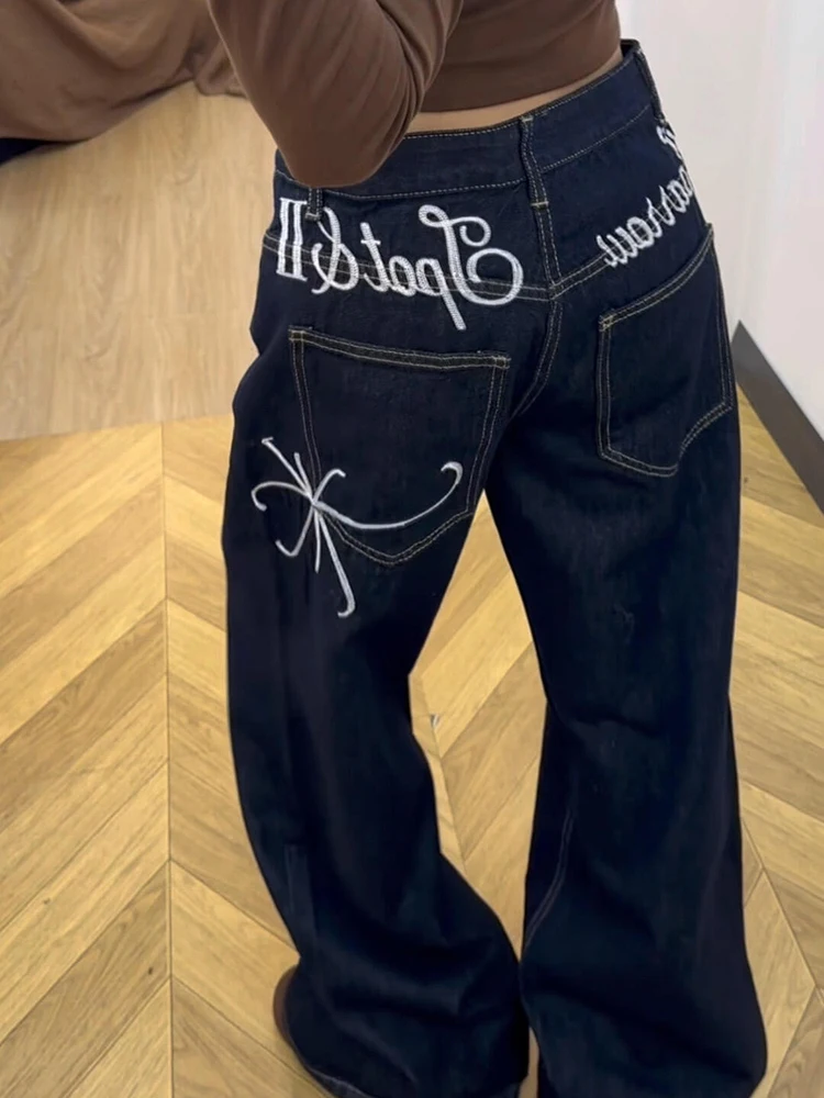 

Deep Blue Denim Flared Jeans Men Women Floral Letter Embroidery Design Straight Leg Pants Casual Sle mid Waist Button Fly