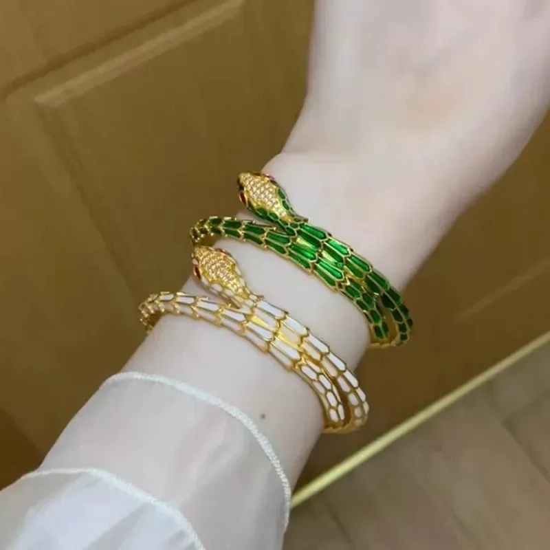 Kryos Jewelry Luxury 24K 9999 Pure Gold real gold Women's Fashion High-end White Snake Bracelet Green Snake Bracelet