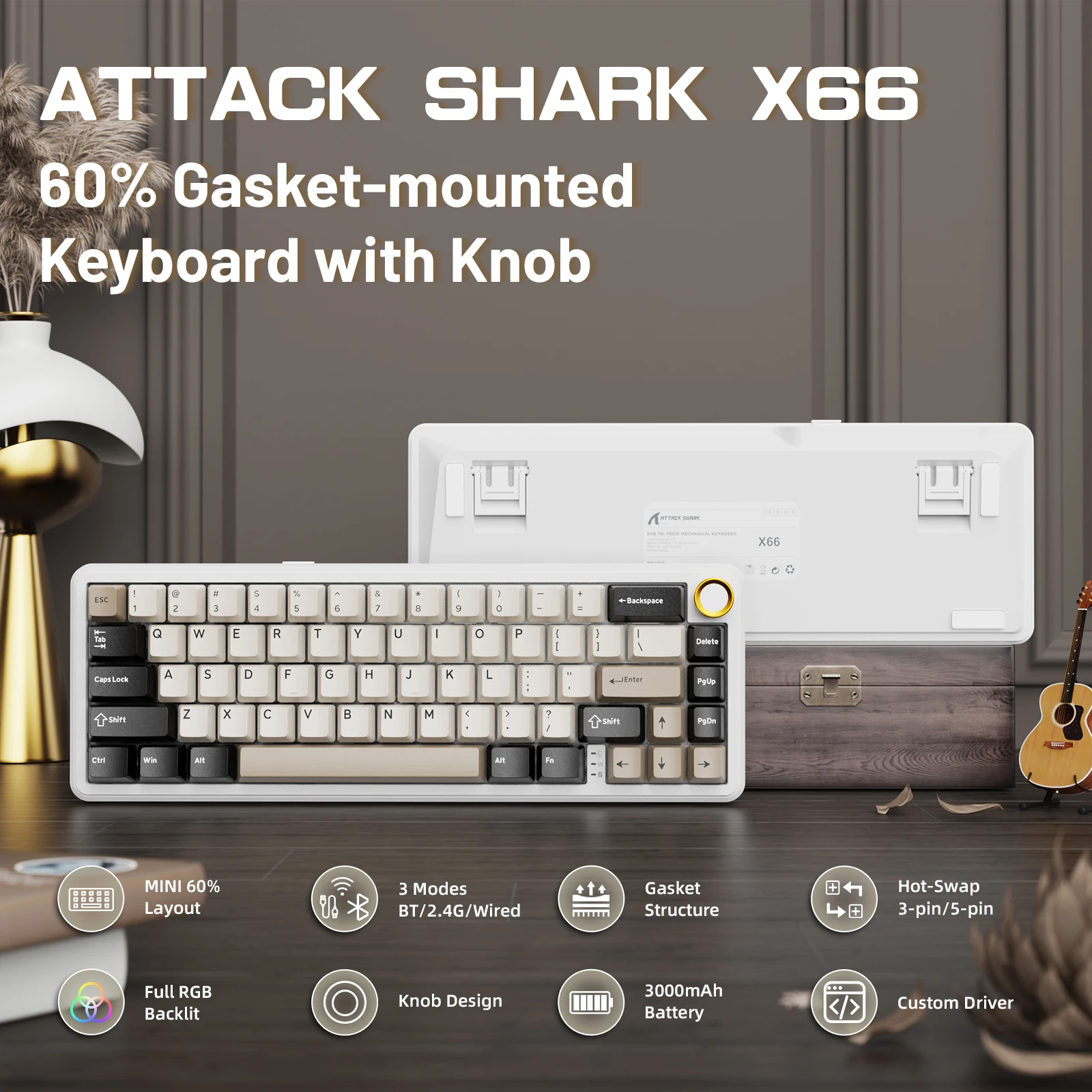 ATTACK SHARK X66 60% Tri-Mode Wireless Mechanical Gaming Keyboard With Coiled Cable Gasket Mount Hot-Swappable With Knob For PC