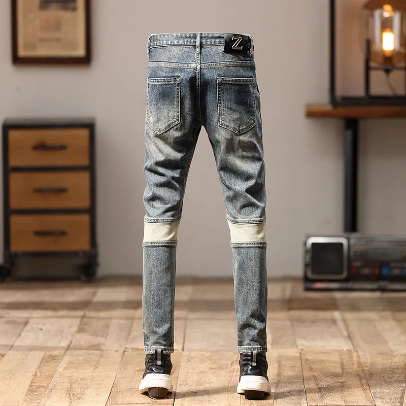 Stitching Design Fashion Street Motorcycle Jeans Handsome Man Trendy Casual Retro Stretch Slim Fit Skinny Pants