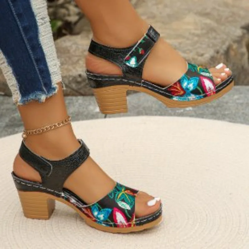 Women's Peep Toe Hihg Heel Sandals Summer Gladiator Shoes Chunky Heel Platform Women's Sandals Flower Ladies Heeled Shoes image 2