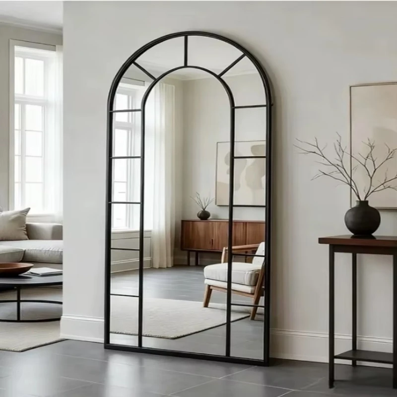 Retro metal wall-mounted floor-to-ceiling arched full-length mirror living room entrance corridor