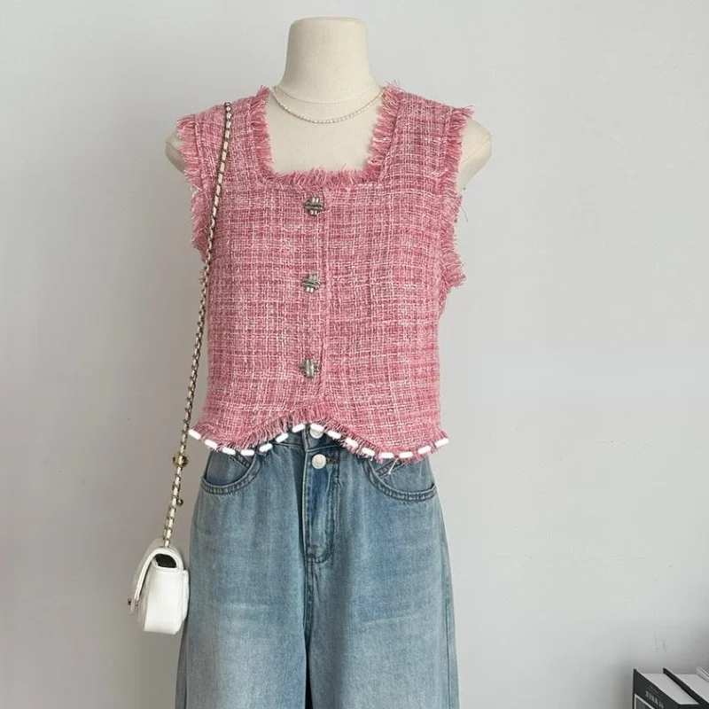 

Summer New Korea Casual Square Collar Sleeveless Vest Women Small Fragrant Fashion Tassel Sweet Pink Tweed Short Coat 1427