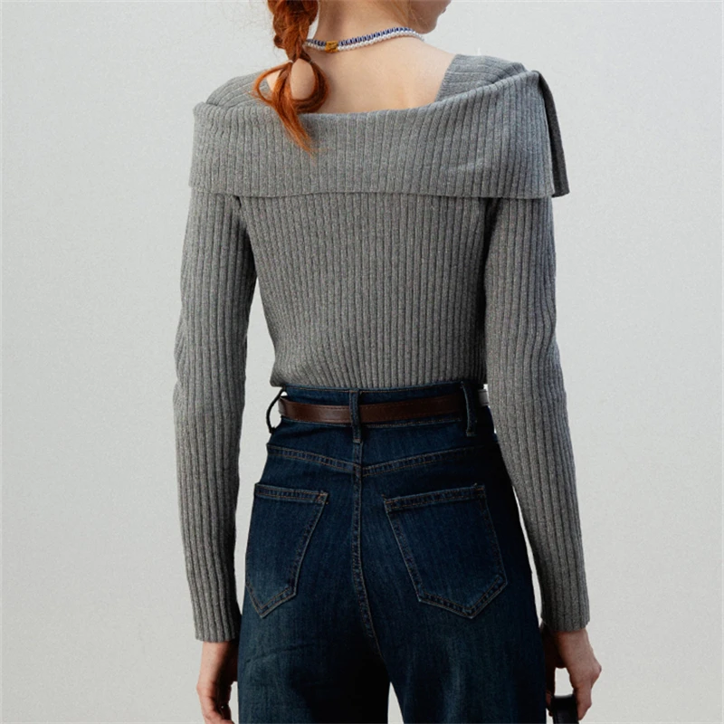 EGGKA Irregular Square Neck Knitwear Female Slim T-shirt Basics Solid Color Long-sleeve Knit Shirt 2024 Autumn New Gray T-shirts