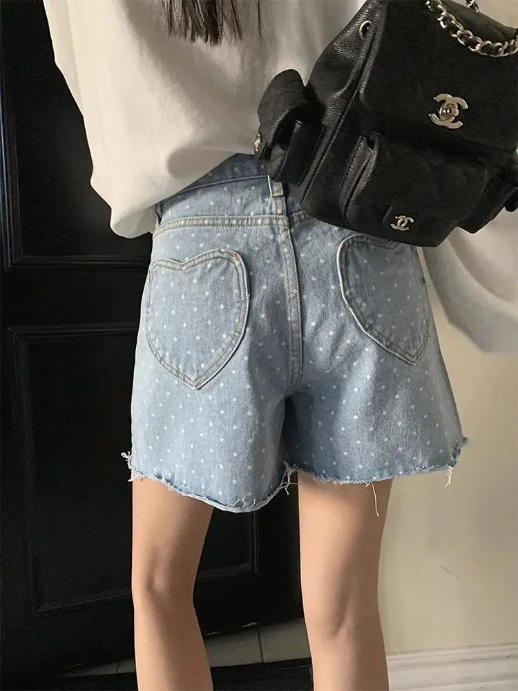 Plus Size Polka Dot Jeans Women 2026 - High Waist Wide Leg Denim Shorts, Y2K Loose Fit Raw Hem Bermuda, Spring Summer Trendy Hot