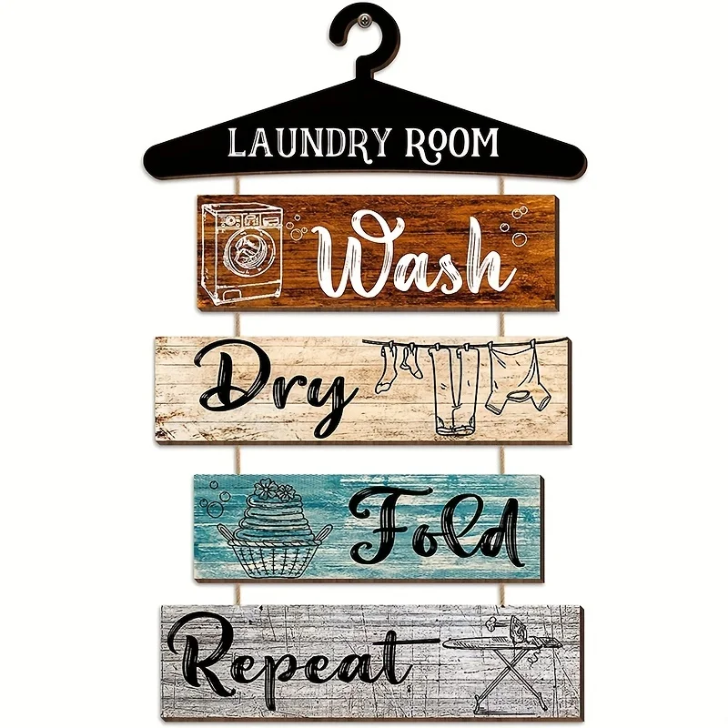 Retro Laundry WallWooden Sign Wooden Washing,Drying,Folding,Repeated,Laundry Rules, Farmhouse Laundry Wall Hanging Art Decor