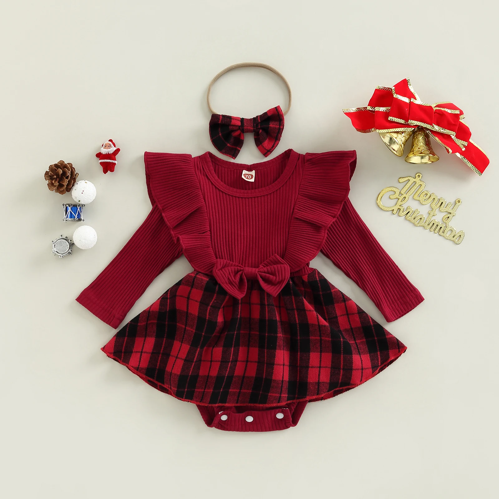 Tregren 0-24M Infant Baby Girls Romper Dress Plaid Round Neck Ruffles Long Sleeve Bowknot Skirt Hem Jumpsuits with Headband