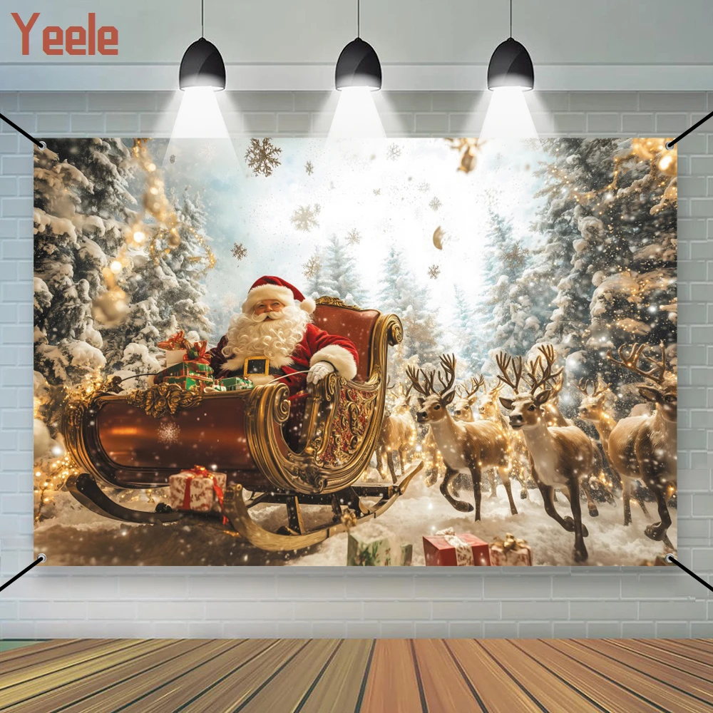 

Winter Santa Claus Photography Background Christmas Sleigh Elk Snow Forest Scenery for Kids Party Decoration Photo Backdrop Prop